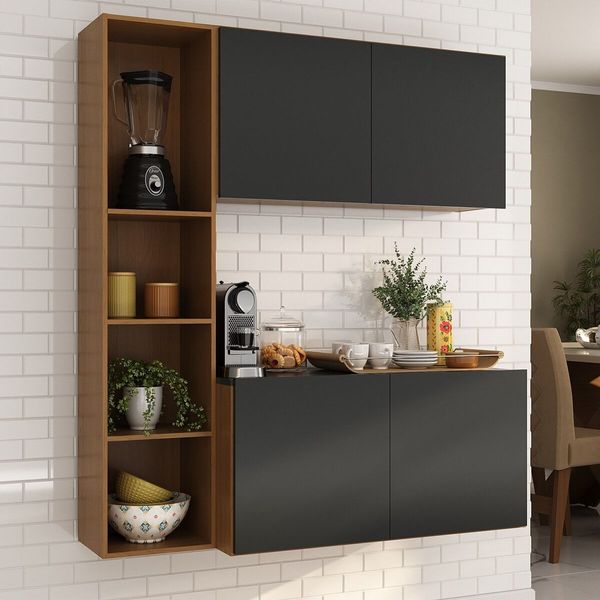 Armário de Cozinha Compacta com Balcão Linea Fit 4 Portas Multimóveis MP2218 Madeirado/Preto