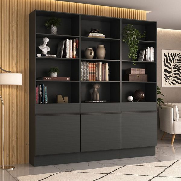 Armário/Estante Escritório 3 Portas Multimóveis MP7001 Preto