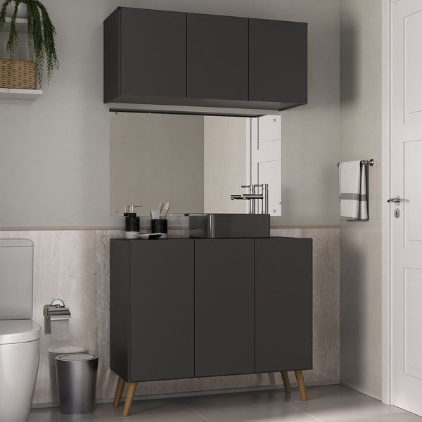 Conjunto Gabinete de Banheiro e Armário Aéreo 3 Portas Retrô Multimóveis MP5055 Preto/Natural