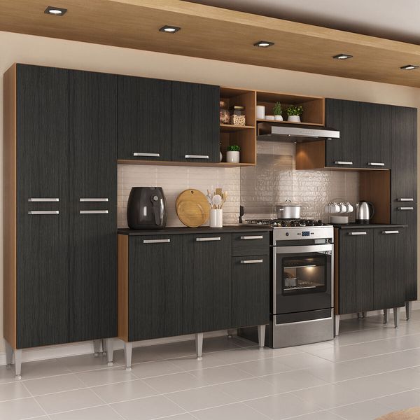 Armário Cozinha Modulada Completa 329,5cm Pequim Top Multimóveis MP3754 Madeirado/Preto