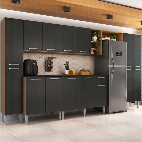 Armário Cozinha Modulada Completa 329,5cm Pequim Top Multimóveis MP3755 Madeirado/Preto