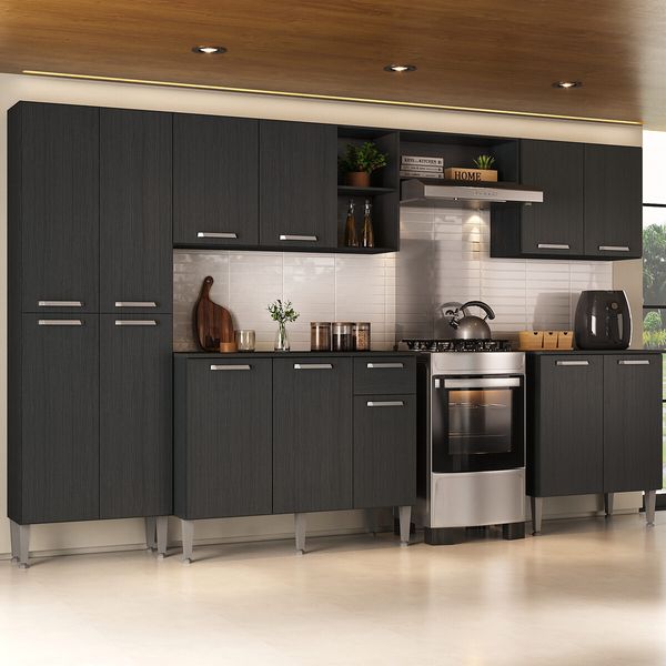 Armário Cozinha Modulada Completa 298cm Pequim Top Multimóveis MP3768 Preto