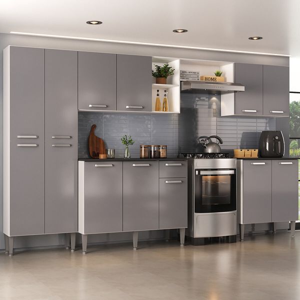 Armário Cozinha Modulada Completa 298cm Pequim Top Multimóveis MP3768 Branco/Lacca Fumê