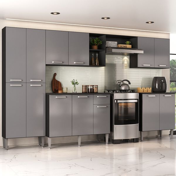 Armário Cozinha Modulada Completa 298cm Pequim Top Multimóveis MP3768 Preto/Lacca Fumê