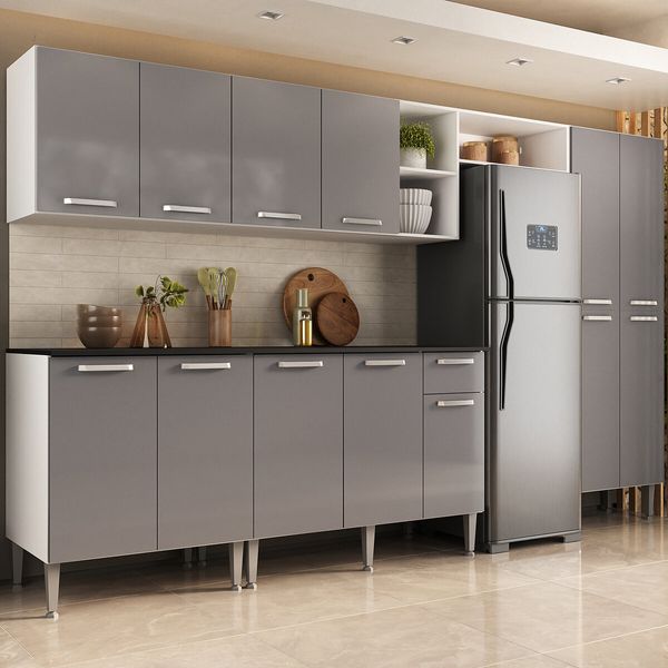 Armário Cozinha Modulada Completa 298cm Pequim Top Multimóveis MP3769 Branco/Lacca Fumê