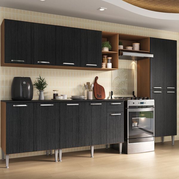 Armário Cozinha Modulada Completa 298cm Pequim Top Multimóveis MP3770 Madeirado/Preto
