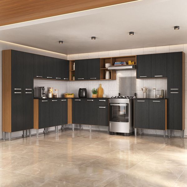 Armário Cozinha Modulada Completa de Canto 534cm Pequim Pop Multimóveis MP3771 Madeirado/Preto