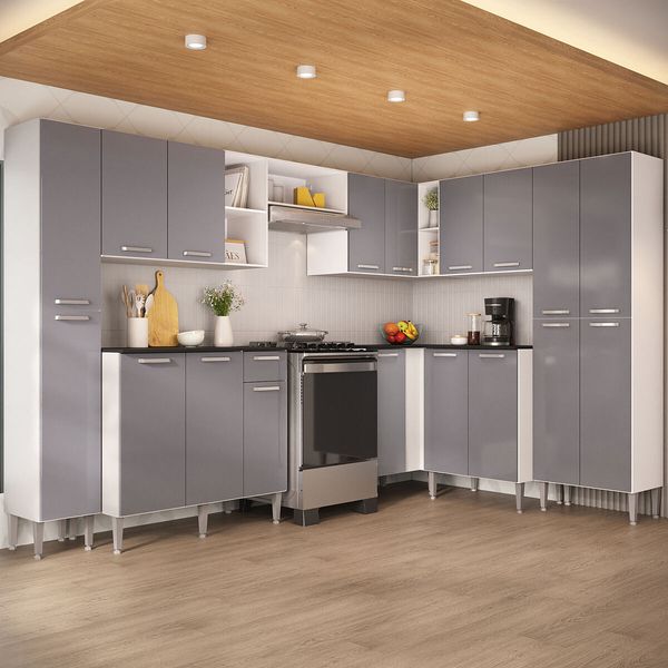 Armário Cozinha Modulada Completa de Canto 464cm Pequim Pop Multimóveis MP3772 Branco/Lacca Fumê