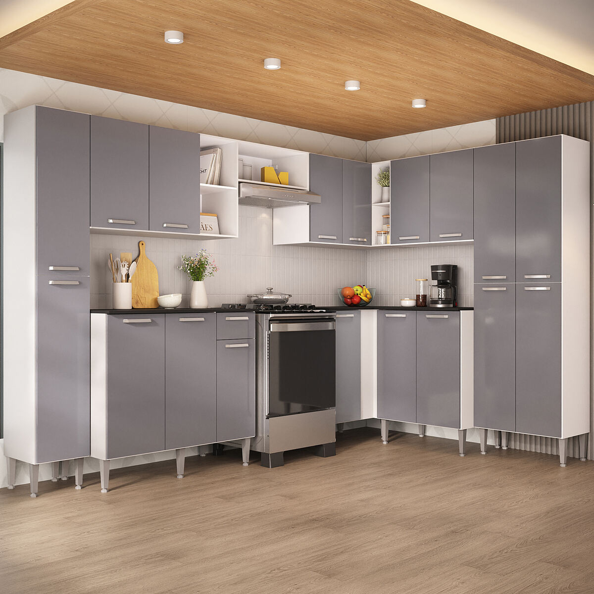Armário Cozinha Modulada Completa de Canto 464cm Pequim Pop Multimóveis MP3772 Branco/Lacca Fumê