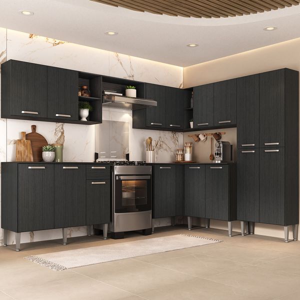 Armário Cozinha Modulada Completa de Canto 432,5cmPequim Pop Multimóveis MP3773 Preto