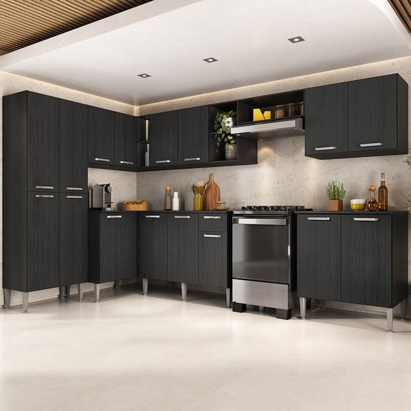 Armário Cozinha Modulada Completa de Canto 432,5cm Pequim Pop Multimóveis MP3774 Preto