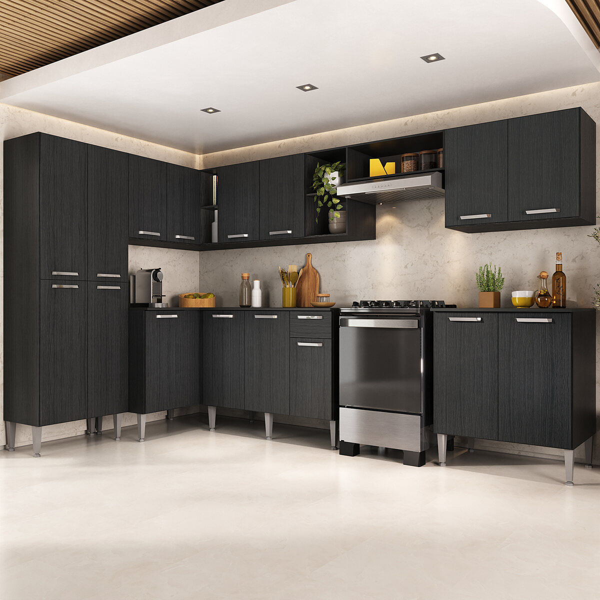Armário Cozinha Modulada Completa de Canto 432,5cm Pequim Pop Multimóveis MP3774 Preto