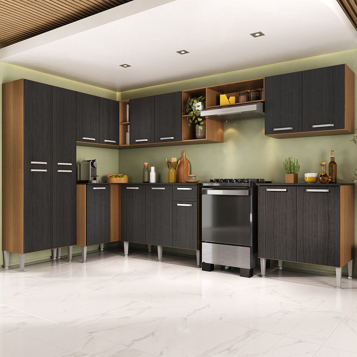 Armário Cozinha Modulada Completa de Canto 432,5cm Pequim Pop Multimóveis MP3774 Madeirado/Preto