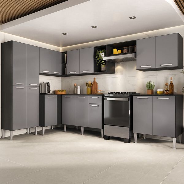 Armário Cozinha Modulada Completa de Canto 432,5cm Pequim Pop Multimóveis MP3774 Preto/Lacca Fumê