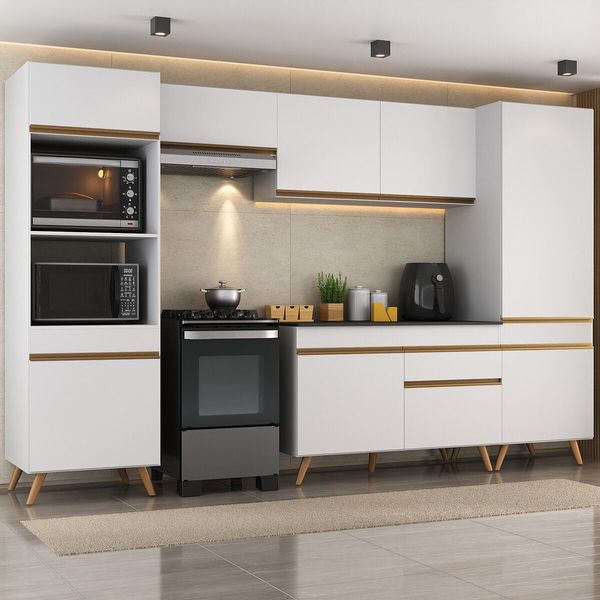 Armário Cozinha Modulada Completa 314cm com Balcão Veneza Multimóveis MP3757 Branco/Dourado