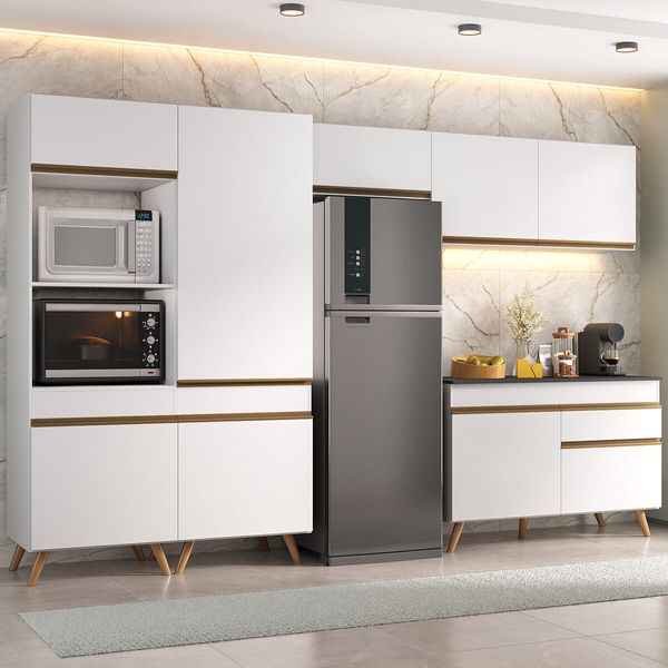 Armário Cozinha Modulada Completa 314cm com Balcão Veneza Multimóveis MP3759 Branco/Dourado