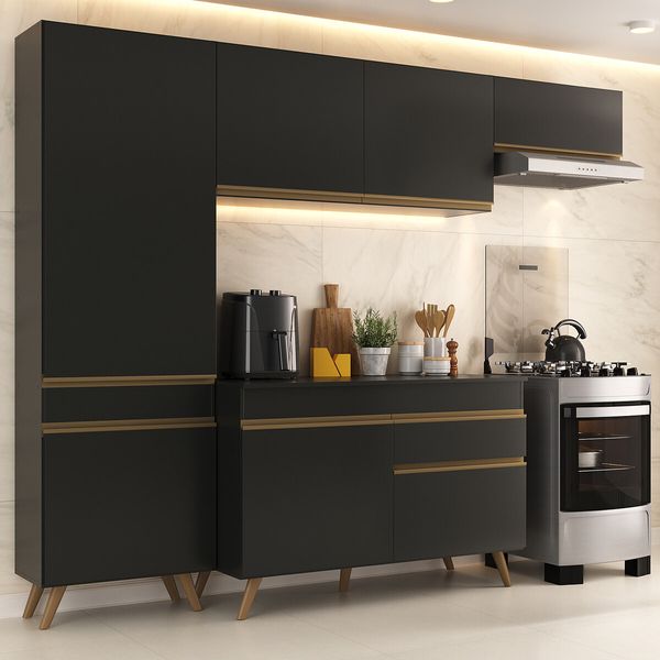 Armário Cozinha Modulada Compacta 252cm com Balcão Veneza Multimóveis MP3760 Preto/Dourado