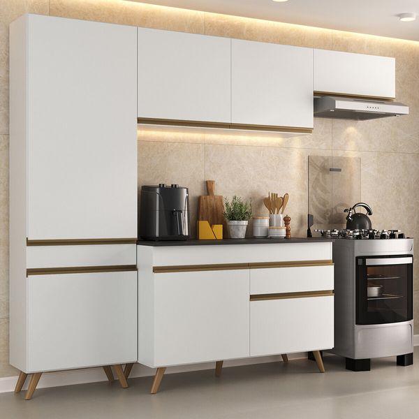 Armário Cozinha Modulada Compacta 252cm com Balcão Veneza Multimóveis MP3760 Branco/Dourado