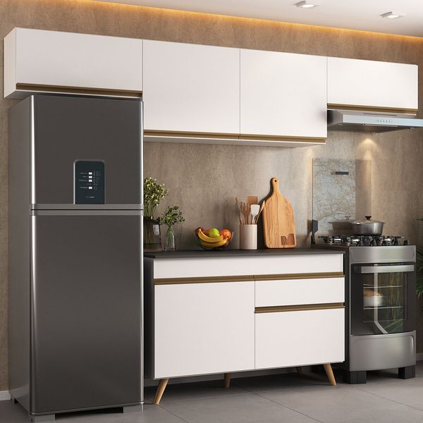 Armário Cozinha Modulada Compacta 260cm com Balcão Veneza Multimóveis MP3766 Branco/Dourado