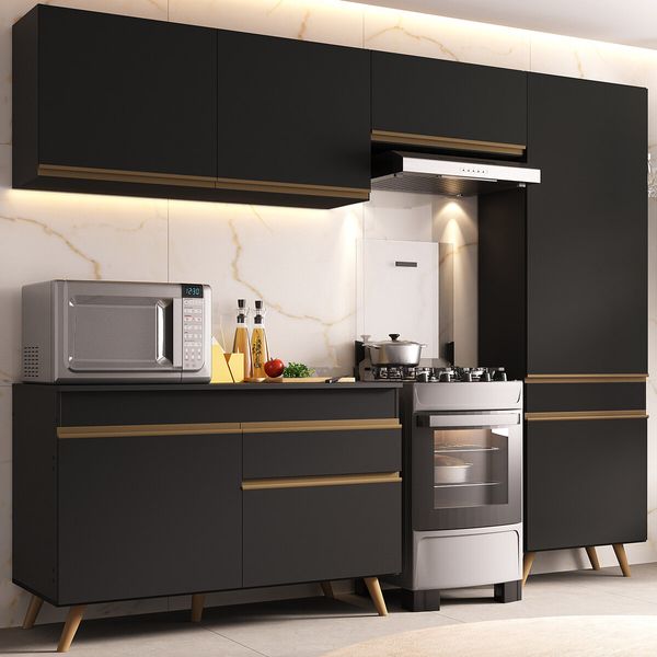 Armário Cozinha Modulada Compacta 252cm com Balcão Veneza Multimóveis MP3762 Preto/Dourado