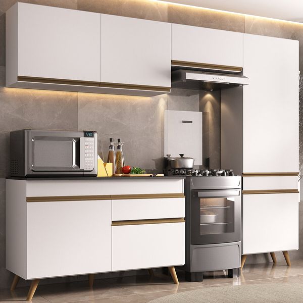 Armário Cozinha Modulada Compacta 252cm com Balcão Veneza Multimóveis MP3762 Branco/Dourado
