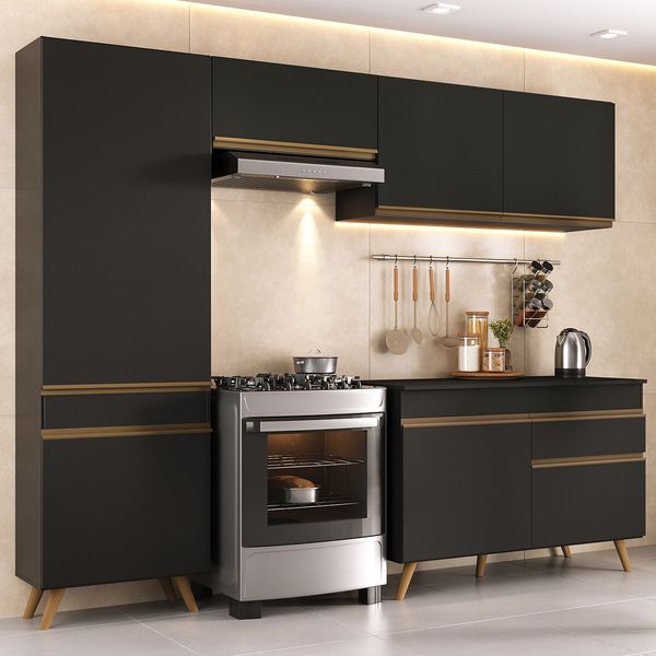 Armário Cozinha Modulada Compacta 252cm com Balcão Veneza Multimóveis MP3763 Preto/Dourado