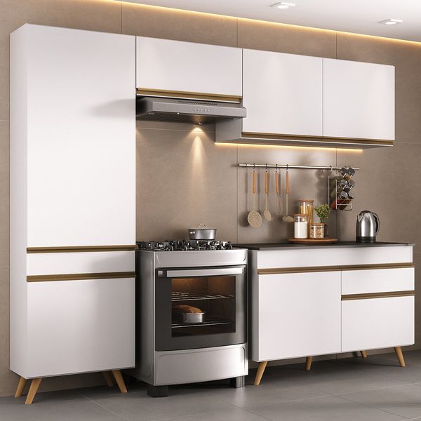 Armário Cozinha Modulada Compacta 252cm com Balcão Veneza Multimóveis MP3763 Branco/Dourado