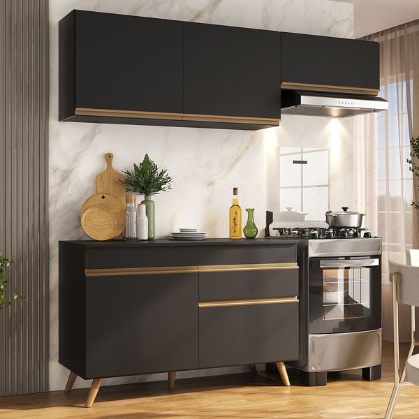 Armário Cozinha Modulada Compacta com Balcão 3 Peças Veneza Multimóveis MP3764 Preto/Dourado