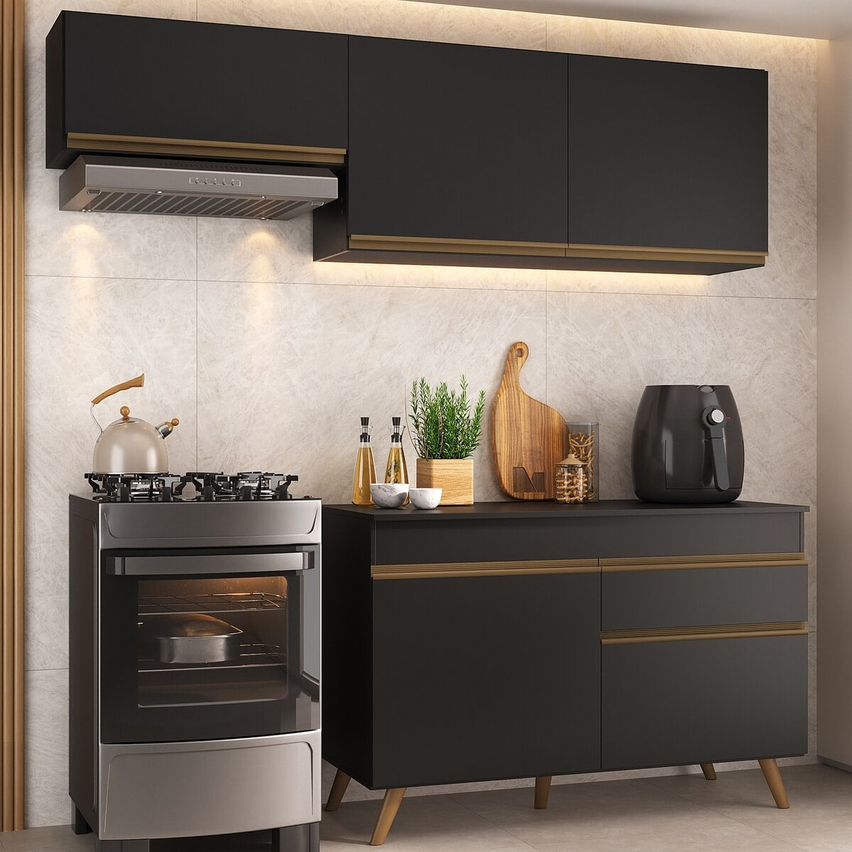 Armário Cozinha Modulada Compacta com Balcão 3 Peças Veneza Multimóveis MP3765 Preto/Dourado