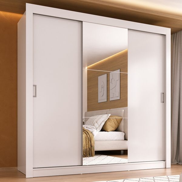 Guarda-Roupa Casal Multimóveis Barcelona 3 Portas de Correr com Espelho CR35402 Branco
