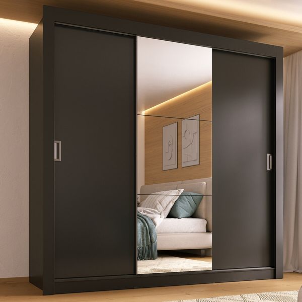 Guarda-Roupa Casal Multimóveis Barcelona 3 Portas de Correr com Espelho CR35402 Preto