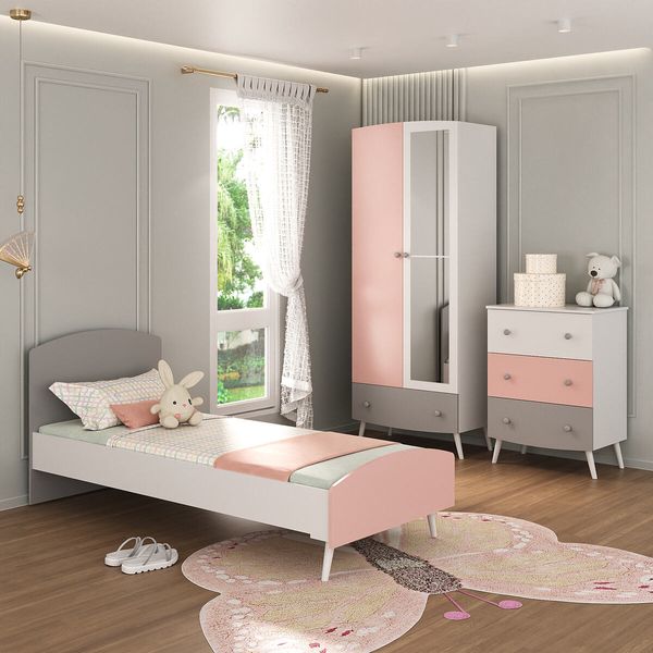 Quarto Infantil Completo com Colchão Incluso Doçura Multimóveis MP4333 Branco/Cinza/Rosa