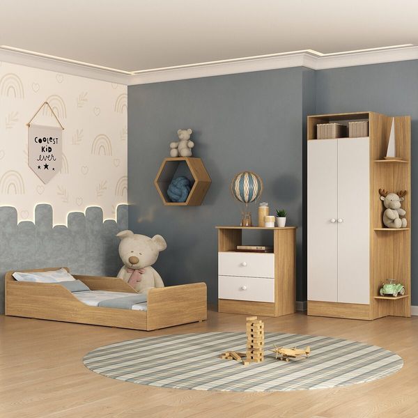 Quarto Infantil Completo com Minicama Montessoriana com Colchão Incluso Multimóveis MP4682 Madeirado/Branco