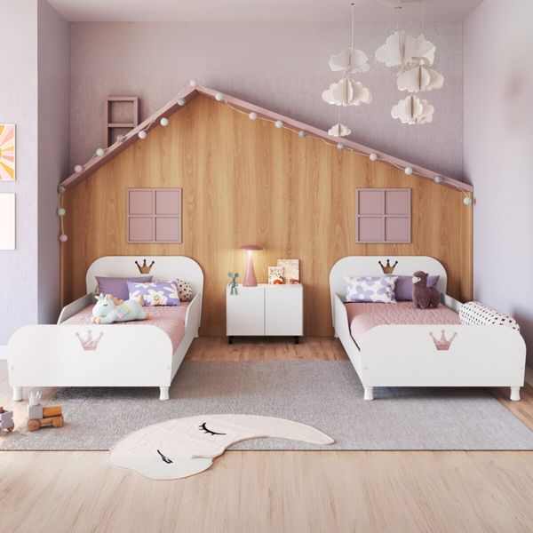 Kit 2 Camas Solteiro para Colchão 88x188cm com Mesa de Cabeceira 2 Portas Multimóveis MP4374 Branco