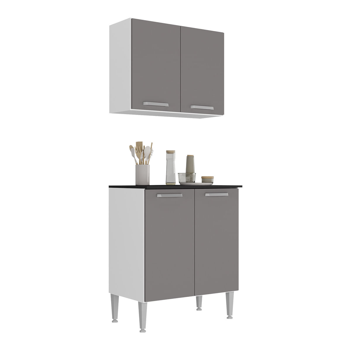 Kit Armário de Cozinha Aéreo com Balcão 70cm 4 Portas Pequim Multimóveis MP2380 Branco/Lacca Fumê