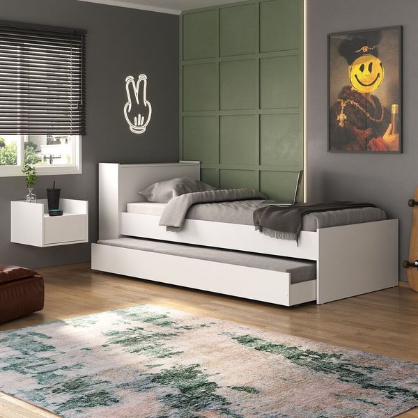 Conjunto Quarto Bicama com Baú e Mesa de Cabeceira Suspensa Multimóveis MP4119 Branco