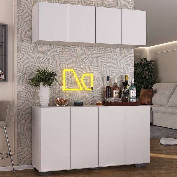 Kit Bar Armário Aéreo e Aparador 4 Portas Multimóveis MP1087 Branco/Preto