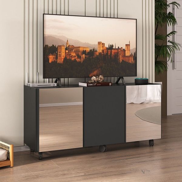 Rack TV até 32 Polegadas 3 Portas com Rodízios e Espelhos Multimóveis MP1076 Preto