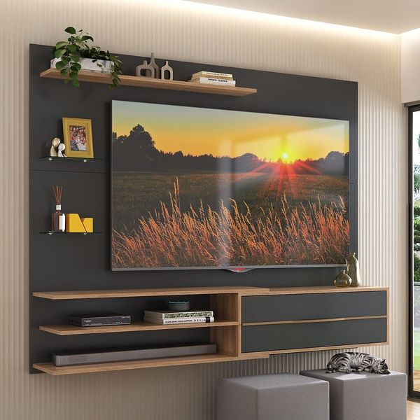 Painel para TV até 65 Polegadas 1 Porta e Prateleiras Multimóveis MP1064 Preto/Rustic