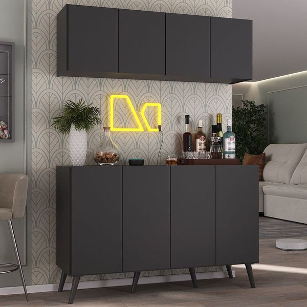 Kit Bar Armário Aéreo e Aparador 4 Portas Retrô Multimóveis MP1086 Preto
