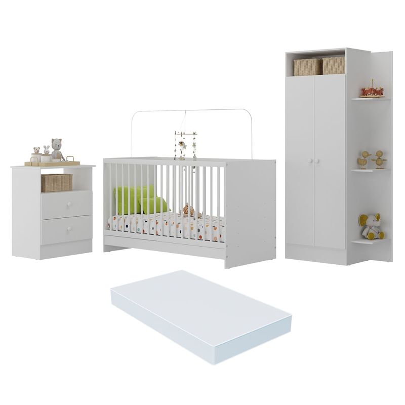 Jogo de Quarto Infantil com Colchão Incluso Trevalla Móveis Pom Pom Branco-1758906319042