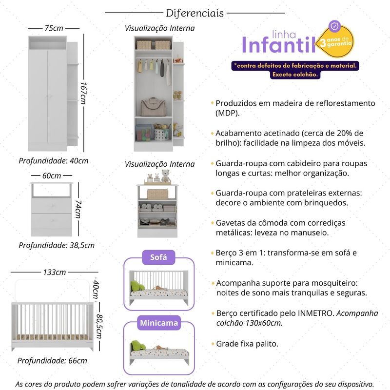 Jogo de Quarto Infantil com Colchão Incluso Trevalla Móveis Pom Pom Branco-1758906345906
