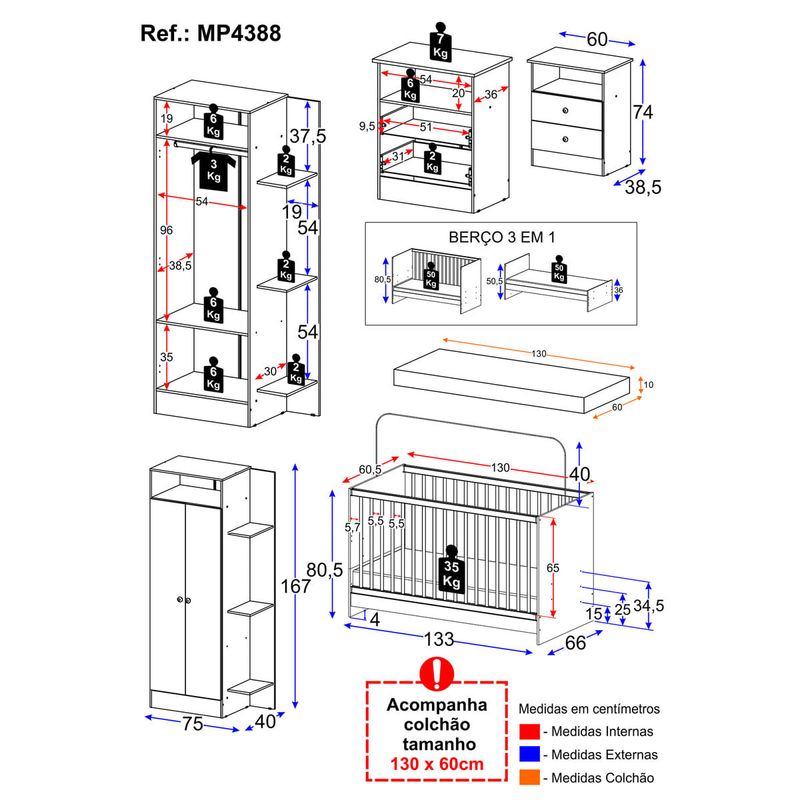 Jogo de Quarto Infantil com Colchão Incluso Trevalla Móveis Pom Pom Branco-1758906351179
