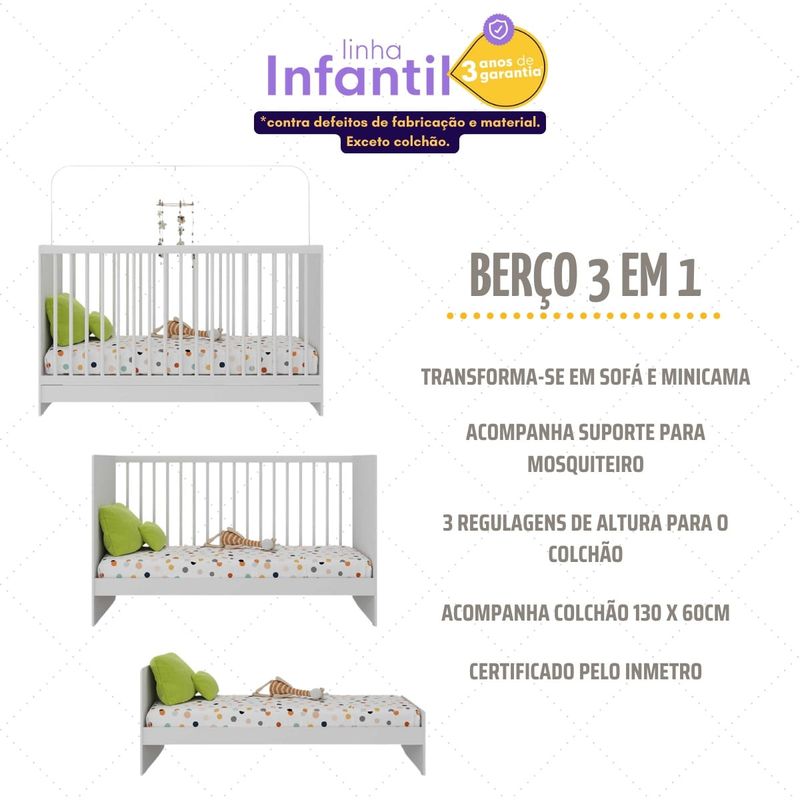 Jogo de Quarto Infantil com Colchão Incluso Trevalla Móveis Pom Pom Branco-1758906365803
