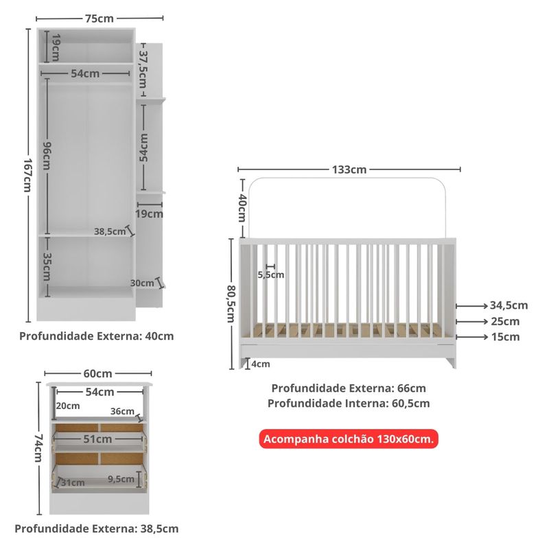 Jogo de Quarto Infantil com Colchão Incluso Trevalla Móveis Pom Pom Branco-1758906384275