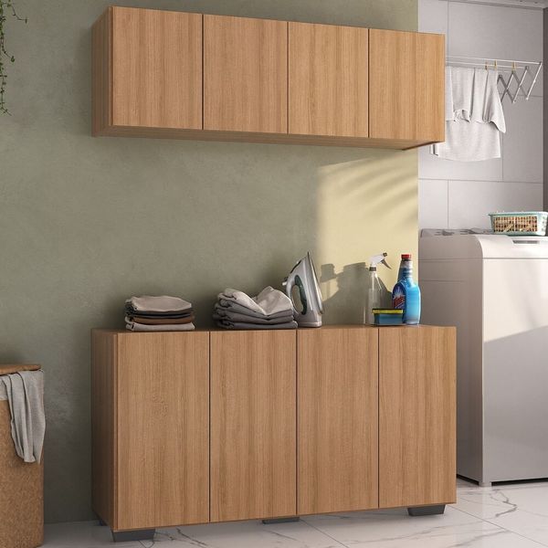 Conjunto Lavanderia Multiuso Armário Aéreo e Balcão 4 Portas Multimóveis MP5054 Rustic/Preto