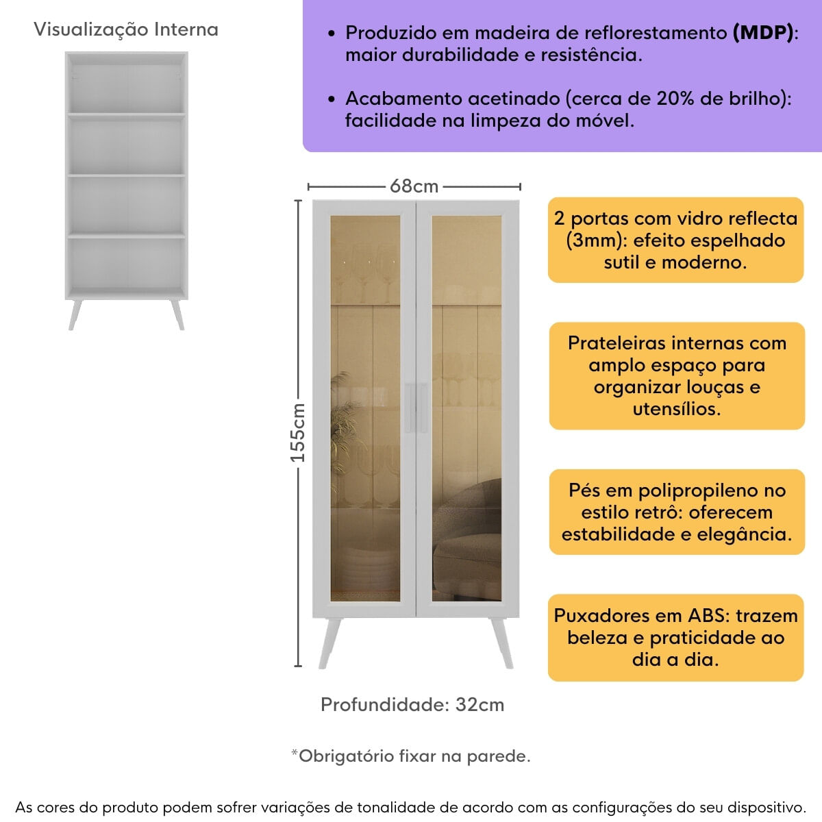Cristaleira com 2 Portas de Vidro Retrô 68cm Urban Multimóveis MP6040 ...