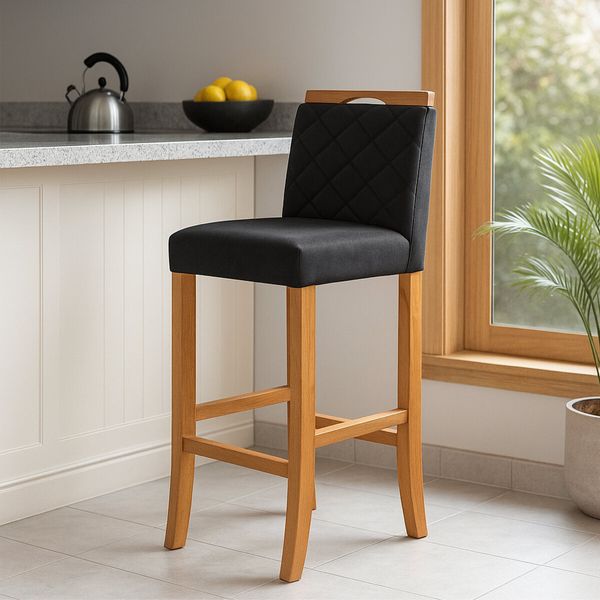 Banqueta Alta para Cozinha de Madeira Maciça Estofada com Encosto Multimóveis CR15018 Madeirado/Preto