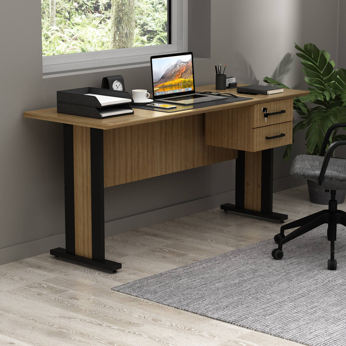 Escrivaninha Mesa Escritório 160cm com Chave e 2 Gavetas Flex Multimóveis CR25340 Amêndoa