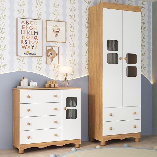 Quarto de Bebê Completo com Guarda-Roupas 2 Portas e Cômoda Luna Multimóveis MP4796 Madeirado/Branco